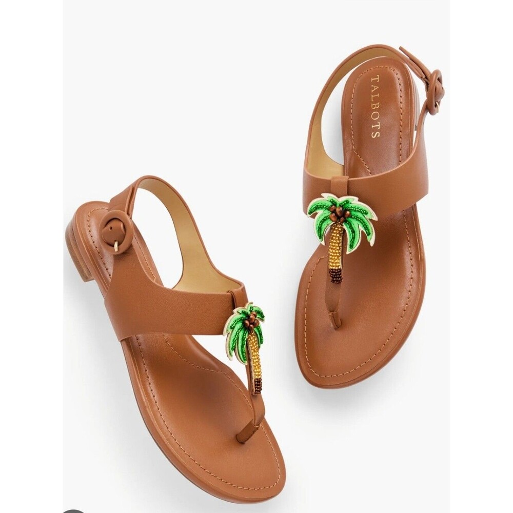 NWT Talbots Keri Nappa Leather Thong Sandals with Beaded Green Palm Tree Size 6